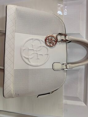 Guess White Perforated Dome Tote with Logo Charm